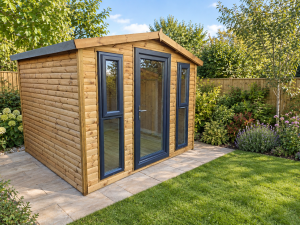 9 x 8 light oak log lap garden room with anthracite glazed door and windows in a landscaped garden