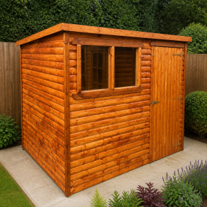 Kirkdale Pent Roof 8' x 6' Log Lap Shed Golden – Delivered & Installed - Image 1