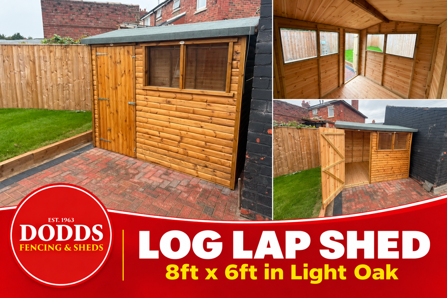 8ft x 6ft log lap shed in Light Oak with exterior and interior views