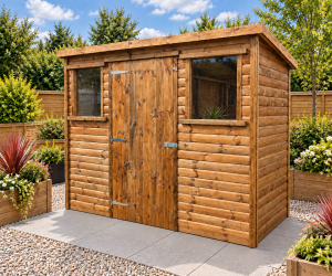 8' x 5' pent-roof log-lap shed in Light Oak with two front windows
