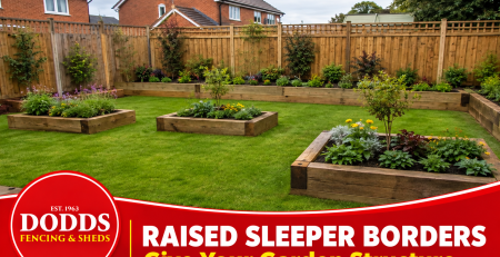 Raised timber railway sleeper borders giving structure to a planted garden