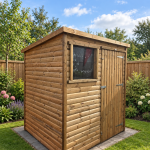 6 x 5 log lap Light Oak display shed in a landscaped garden