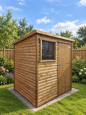6 x 5 log lap Light Oak display shed in a landscaped garden