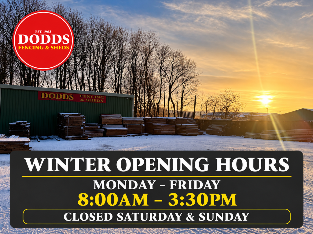 Snowy Dodds Fencing and Sheds yard at sunrise with winter opening hours