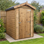 6 x 4 apex shiplap shed treated light oak, installed in a garden
