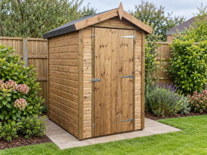 6 x 4 apex shiplap shed treated light oak, installed in a garden