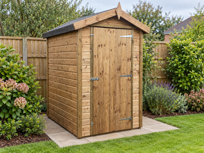 6x4 Apex Shiplap Shed Light Oak 6 x 4 apex shiplap shed treated light oak, installed in a garden
