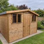 Runswick 10 x 8 light oak log lap shed installed in a garden