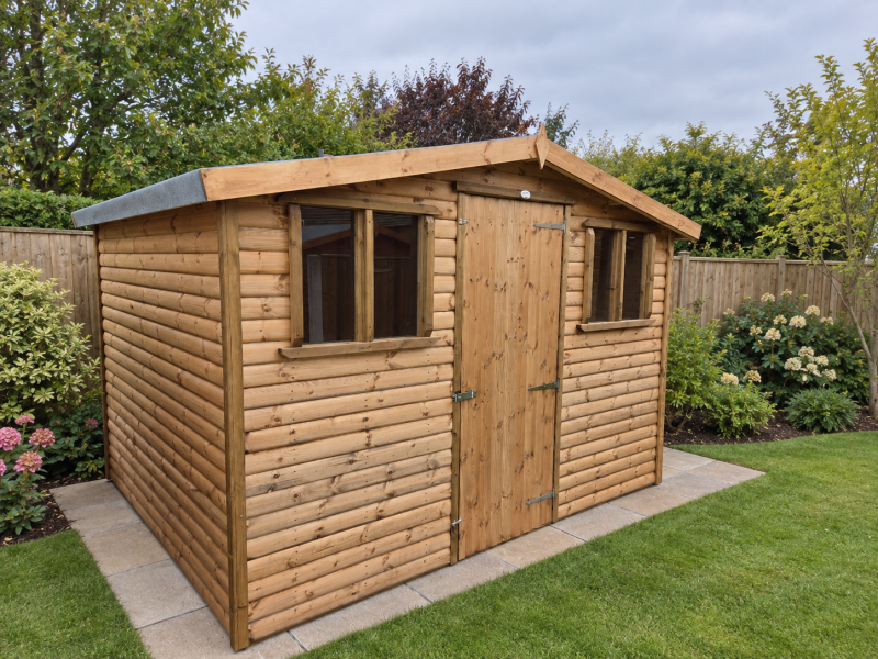 Runswick 10x8 Light Oak Log Lap Shed Runswick 10 x 8 light oak log lap shed installed in a garden