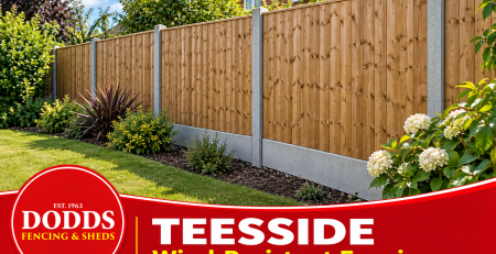 Branded Dodds image showing wind-resistant fencing with concrete posts and gravel boards in Teesside